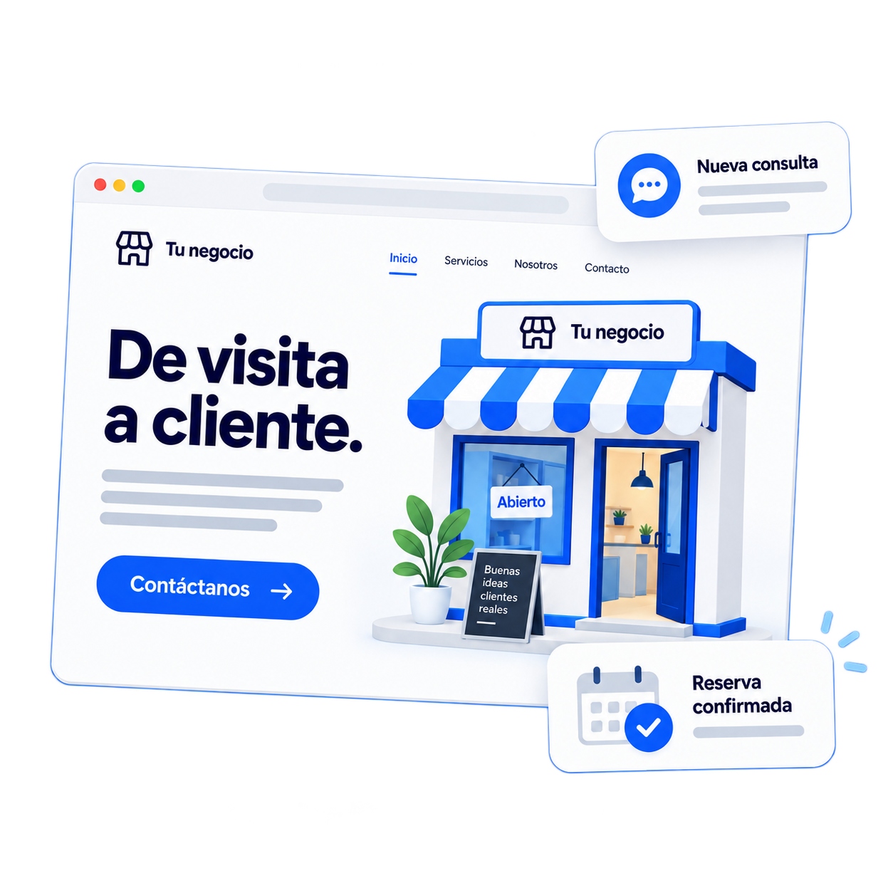 Ilustración de una página web para un negocio que recibe nuevas consultas y reservas confirmadas.